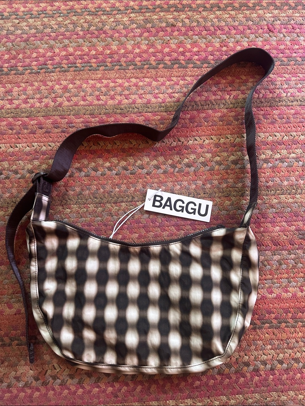 NWT BAGGU medium nylon crescent Checked Shoulder Crossbody Bag blurred gingham